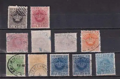 KAPVERDEN  1877/1886 LOT FREIMARKEN KRONE, 5-50 R, ex  Mi 1-14 gestempelt