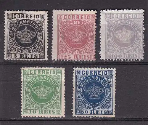 MOZAMBIQUE MOSAMBIK  1876/1881 Freimarken Krone LOT ex Mi 1-14 / (*) OHNE GUMMI 