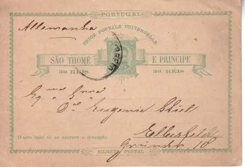 SAO TOME /  St. THOMAS  1894 POSTKARTE 3 LUIZ 30R/ von SAO THOME, DEUTSCHES KONSULAT nach ELBERFELD