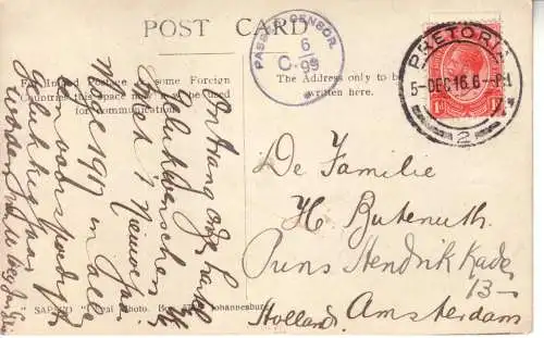 SÜDAFRIKA 1916 KGV 1d/ Mi 3 BILDPOSTKARTE AAPIES RIVER  von PRETORIA nach AMSTERDAM ZENSUR