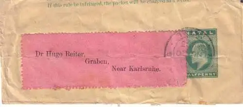 NATAL 1910 KEVII 1/2d STREIFBAND PIETERMARITZBURG-KARLSRUHE 