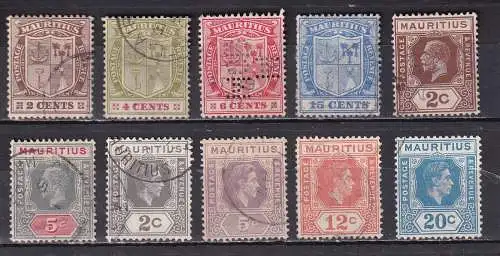MAURITIUS 1910/1938 LOT Wappen/ KGV/ KGVI (WZ CA oder MCA) gestempelt, einige Firmenlochungen