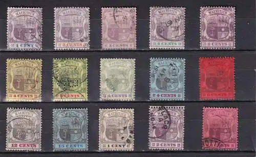 MAURITIUS  1895/1909 LOT WAPPEN (WZ CA oder MCA) gestempelt