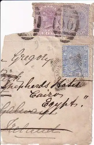 CEYLON 1881 QV SG 123+127 auf Briefteil mit Nummernstempel 90 von LONDON weitergeleitet mit GB SG 157 nach CAIRO