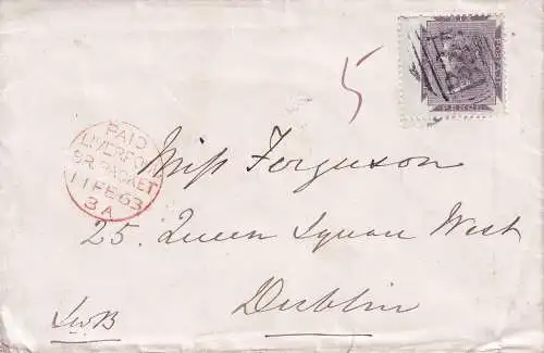 SIERRA LEONE 1863 6d BOGENRAND/ Mi 1,  SG 1 auf Versandumschlag von  FREETOWN nach DUBLIN/ IRLAND