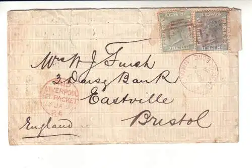 SIERRA LEONE 1891 2d (BOGENRAND)+1/2d SG 12+15 Umschlag von FREETOWN nach BRISTOL