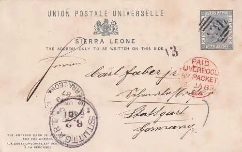 SIERRA LEONE 1887 QV Postkarte 4/ 1 1/2d von FREETOWN nach STUTTGART über LIVERPOOL gelaufen