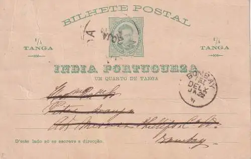 PORTUGIESISCH INDIEN 1891 1/4 T POSTKARTE von NOVA GOA nach BOMBAY 