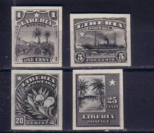 LIBERIA ca 1904 Druckproben zu Freimarkenausgabe in schwarz auf dünnem Papier 1-25 c ungezähnt und ohne Gummi