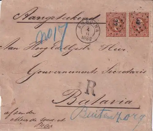 NIEDERLÄNDISCH INDIEN 1888 10C/ Mi 9 Paar Einschreiben von Amboina (NS 33/ Molukken) nach Batavia