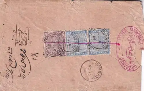 BUSHIRE (PERSIEN)/ Brit. INDIEN Postamt 1888 QV 1+2a Paar/ Mi 33+35 (x2) Teilbrief von Bushire nach Bombay