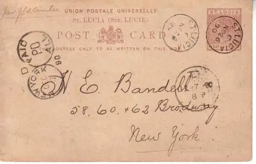 St. LUCIA 1890 QV 1 1/2d POSTKARTE 2 von St. Lucia  nach New York