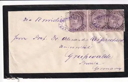 BRITISCH INDIEN 1887 QV 1a/ Paar und Einzel/ Mi 33  auf Trauerbrief-Hülle von  BOMBAY nach GREIFSWALD