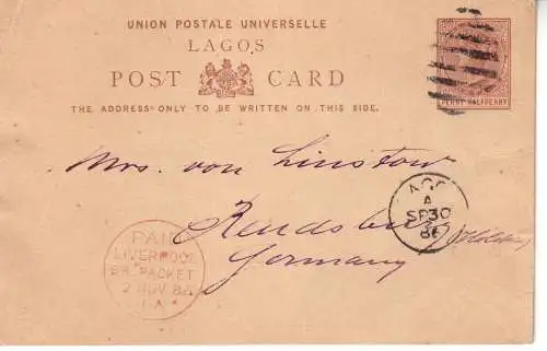 LAGOS 1886 QV 1 1/2d Postkarte 2 von Lagos über Liverpool nach Rendsburg gelaufen