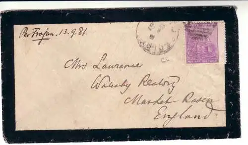  KAP DER GUTEN HOFFNUNG 1881 HOPE 6d/ Mi 27 auf Trauerbrief-Hülle von PORT ELIZABETH nach MARKET RASEN