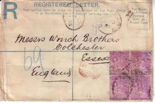  KAP DER GUTEN HOFFNUNG 1885 HOPE 6d/ Mi 35 (4er Block) auf GSU QV 4d Einschreiben von BEDFORD nach Colchester über Kapstadt und Liverpool 