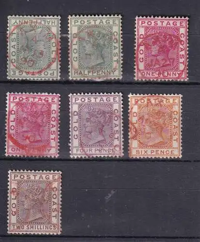 GOLDKÜSTE 1890 QV ex 1/2d-2/-/ ex Mi 8-16 LOT ORTSSTEMPEL AXIM in rot 