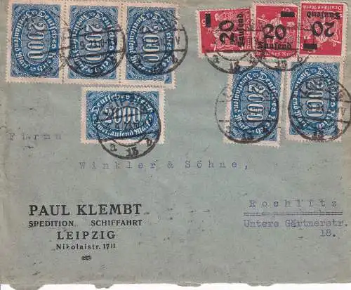 DEUTSCHES REICH INFLA-BRIEF 1923 Mi 253, 280+248 75000 Mark Porto Brief LEIPZIG-ROCHLITZ