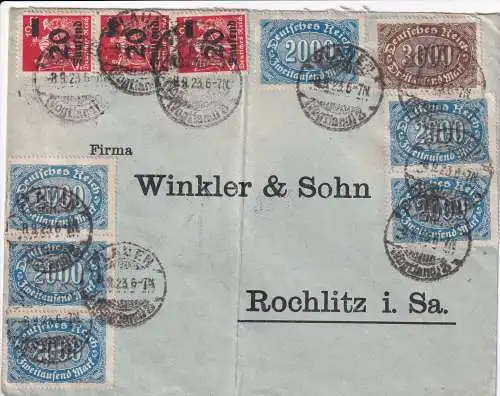 DEUTSCHES REICH INFLA-BRIEF 1923 Mi 253/4+280 75000 Mark Porto Brief PLAUEN-ROCHLITZ