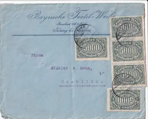 DEUTSCHES REICH 1923 Mi 256 (x5) 25000 Mark Porto Brief TUTZING-ROCHLITZ