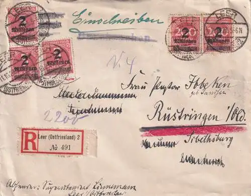 DEUTSCHES REICH INFLA-BRIEF 1923 Mi 309 (x2)+312 (x3) 10 Mio Mark Porto E-Brief LEER-WILHELMSHAVEN