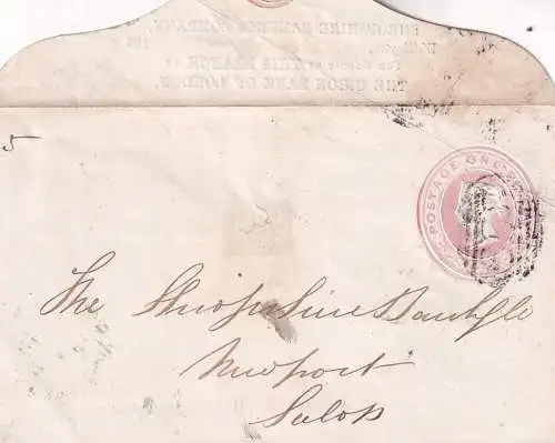 Großbritannien 1855 QV  1d rosa/ Ganzsachenumschlag 5B von Wellington nach Newport