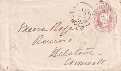 Großbritannien 1857 QV  1d rosa/ Ganzsachenumschlag 5B von Torquay nach Helstone