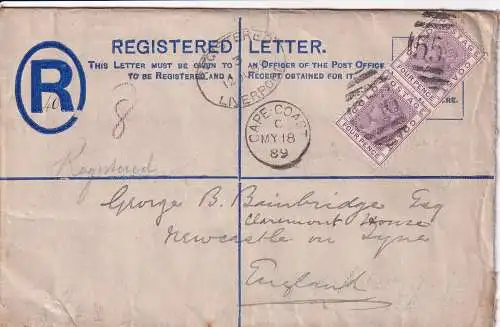 GOLDKÜSTE 1889 QV 4d/ Mi 13 Paar auf GSU 2d Einschreiben von CAPE COAST nach NEWCASTLE/ ENGLAND