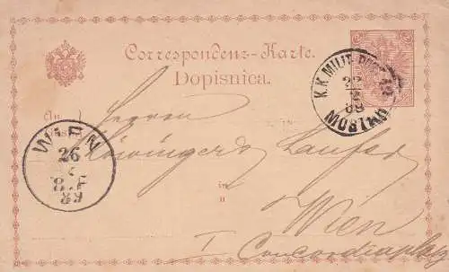 BOSNIEN HERZEGOWINA 1889 2 (Kr) POSTKARTE/ Mi P1 von MOSTAR KK MILITÄRPOST nach Wien