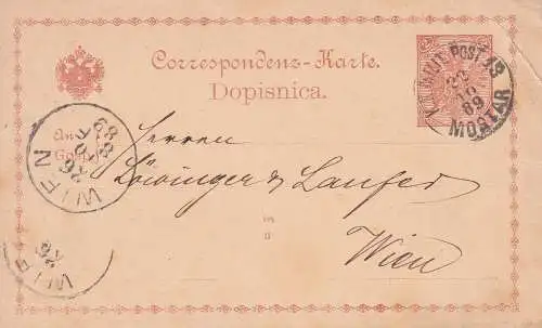 BOSNIEN HERZEGOWINA 1889 2 (Kr) POSTKARTE/ Mi P1 von MOSTAR KK MILITÄRPOST nach Wien