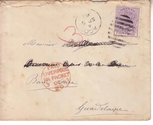 LAGOS 1887 QV 4d/ SG 24 Umschlag nach BASSE-TERRRE/ GUADELOUPE via LIVERPOOL gelaufen