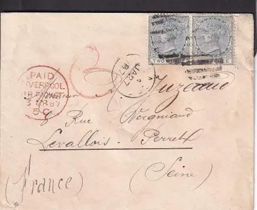 LAGOS 1887 QV 2d Paar/ SG 23 Umschlag nach LAVELLOIS/ FRANKREICH via LIVERPOOL gelaufen