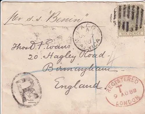 LAGOS 1888 QV 6d/ SG 25 als Einschreiben auf Umschlag nach Birmingham via London gelaufen