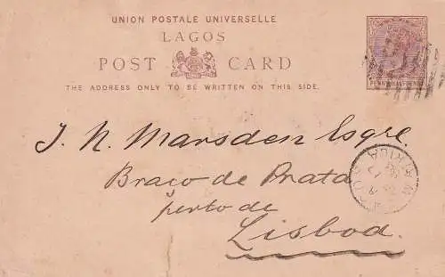 LAGOS 1888 QV 1 1/2d/ Postkarte 2 nach Lissabon gelaufen