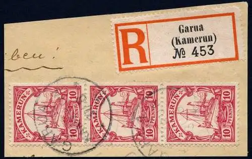 Kamerun 1906 Michel 9 Dreierstreifen ° Garua 31/8/06 Briefstück mit R-Zettel/ 11