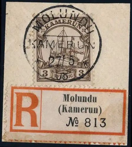Kamerun 1908 Michel 7 ° Molundu 27/5/08 Briefstück mit R-Zettel Luxus / 54