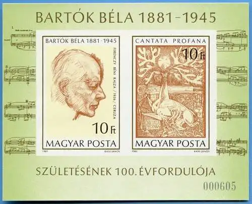 Ungarn 1981 Bela Bartok Komponist Musik Illustration Block 148 B Imperf MNH
