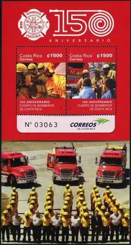 Costa Rica 2015 Feuerwehr Feuerwehrmänner LKW Fire Brigade Bomberos Block MNH