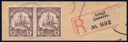 Kamerun 1907 Michel 7 Paar ° Longji Briefstück mit R-Zettel / 64