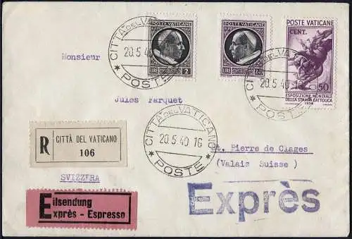 Vatikan 1940 Reko/Express-Brief MiF Papst/Presse St. Pierre de Clages / 899