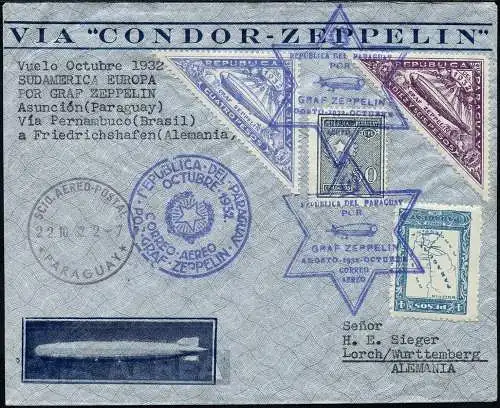 Zeppelin 1932 Paraguay 9. SAF Asunscion Deutschland Reko-Brief Si 200 / 2358