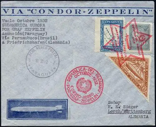 Zeppelin 1932 Paraguay 8. SAF Asunscion Deutschland Reko-Brief Si 194 / 2357