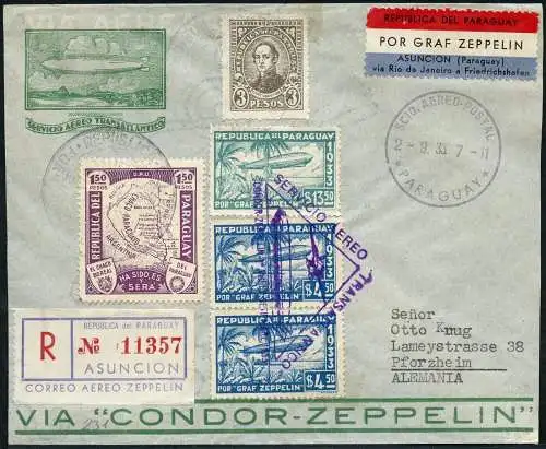 Zeppelin Paraguay 1933 6. SAF MiF Reko-Brief Pforzheim Deutschland Si 231 / 1429