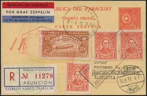 Zeppelin Paraguay 1933 5. SAF Reko-Postkarte Asuncion Deutschland Si 228 / 1709