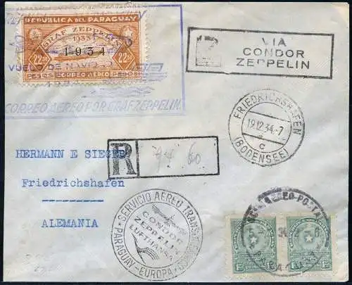 Zeppelin Paraguay 1934 12. SAF Reko-Brief MiF nach Deutschland Si 288 / 1439