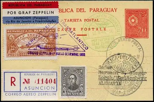 Zeppelin 1933 Paraguay 6. SAF Reko-Karte Asuncion Deutschland Si 231 / 2356