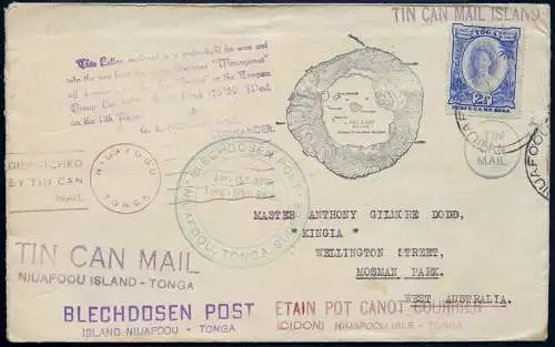 Tonga 1938 Tin Can Mail Blechdosenpost Niuafo`ou Mosman Park Australien / 742