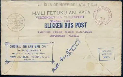 Tonga 1938 Tin Can Mail Blechdosenpost Niuafo`ou Mosman Park Australien / 742