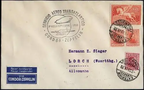 Zeppelin 1932 Uruguay 7. SAF Monteviedeo Deutschland Brief Si 186 / 2355