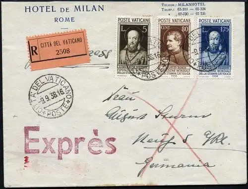 Vatikan 1938 Reko/Express-Brief Katholische Presse Neuss Deutschland / 896